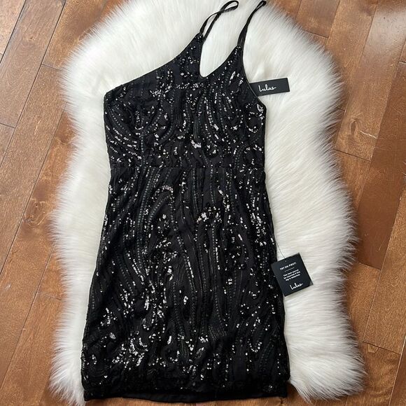 NWT Lulus Black Sequin One-Shoulder Mini Dress M Party Clubwear Stretchy - Picture 4 of 12